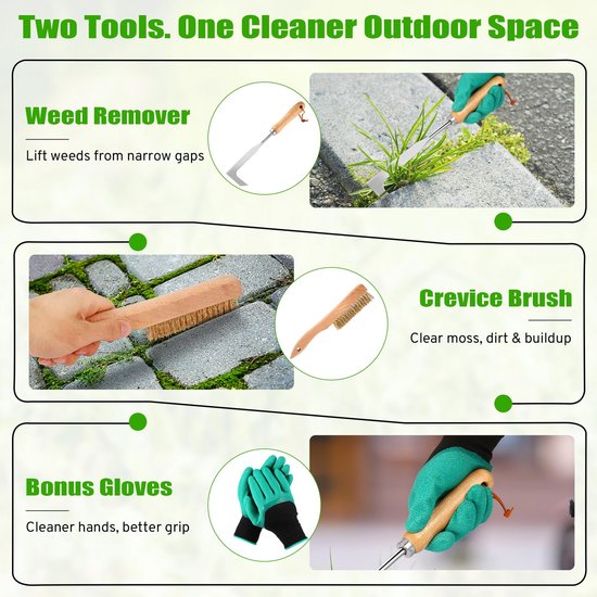 Dailygoods- Onkruidverwijderingsset 2-in-1 - Tuingereedschapset - Terrasborstel - Onkruidtrekker - Houten handvat - Ergonomisch ontwerp - Tuingereedschap van Dailygoods — afbeelding 2