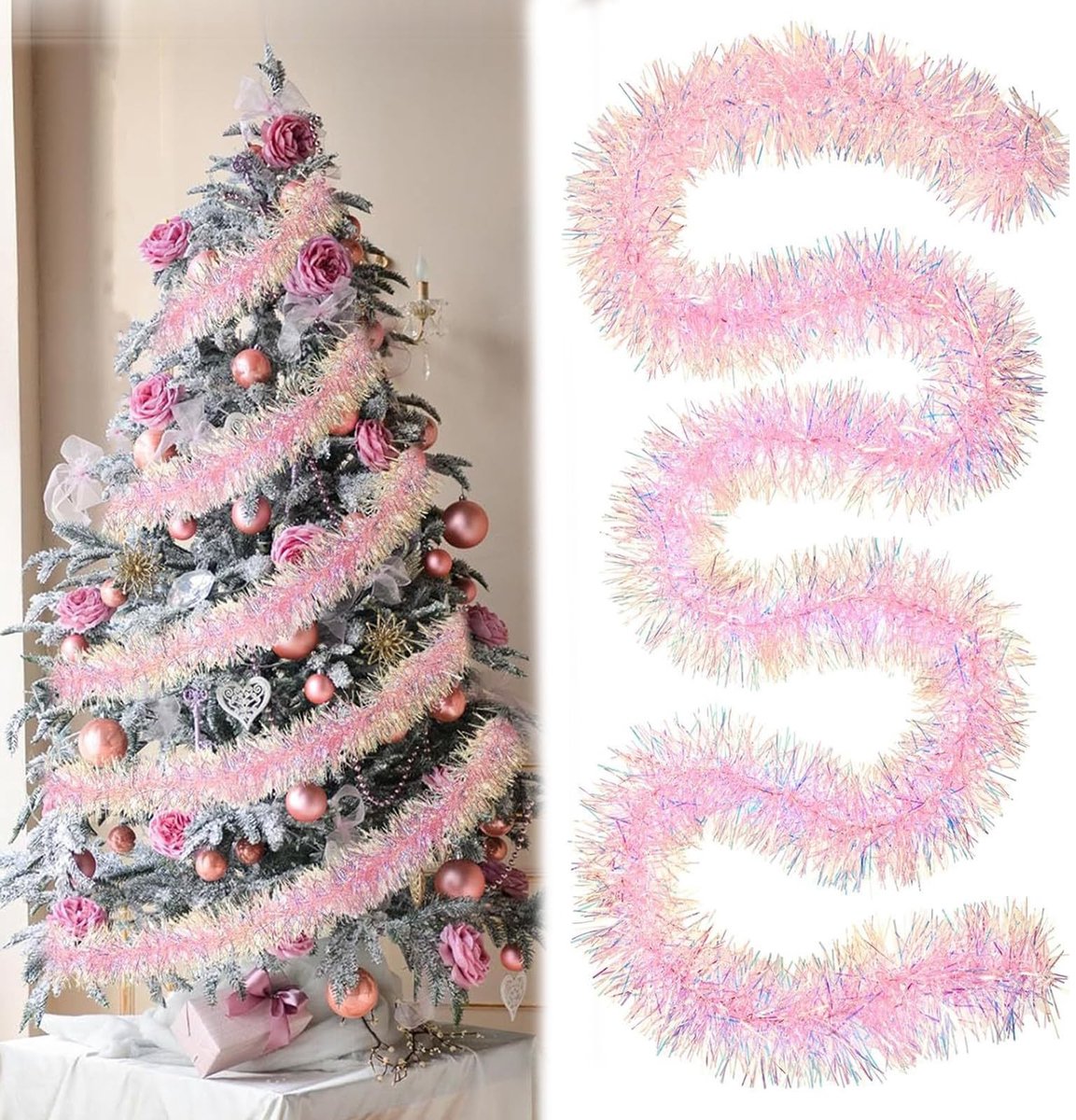 Dailygoods - 5 stuks kerstklatergoud, 2 meter roze glanzend klatergoud slinger, kerstboom klatergoud 9 cm breed, kerstdecoratiesklatergoud voor kerstboom, trap, thuisfeest, kantoordecoratie