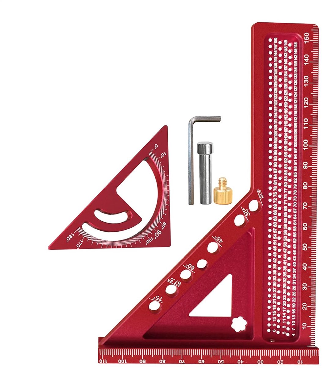 Meetliniaal Houtbewerking - Multi-hoek Gereedschap - Nauwkeurig Markeren - Combinatie Functies - 20 x 14 cm - Rood
