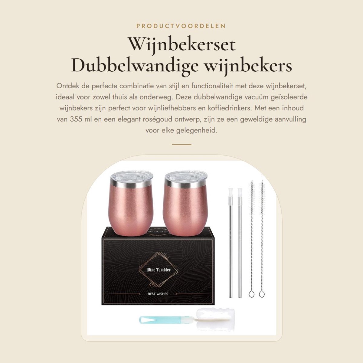 Dailygoods- Wijnbekerset 2 Stuks - Dubbelwandige Vacuüm Roestvrij Stalen Wijnglazen - Herbruikbare Koffiemokken - Met Deksels/Rietjes - 355 ml - Ideaal voor Warme/Koude Dranken - Wijnbeker