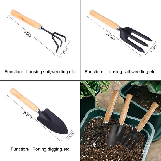 Dailygoods- Tuingereedschapsset 3-delig - Handgereedschap - Houten handvatten - Koolstofrijk staal - Sterk en duurzaam - Voor verplanten en wieden - Tuinset van Dailygoods — afbeelding 4
