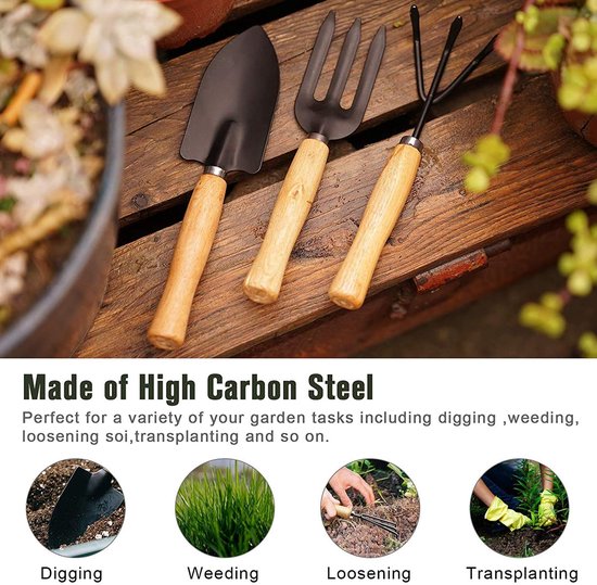 Dailygoods- Tuingereedschapsset 3-delig - Handgereedschap - Houten handvatten - Koolstofrijk staal - Sterk en duurzaam - Voor verplanten en wieden - Tuinset van Dailygoods — afbeelding 5