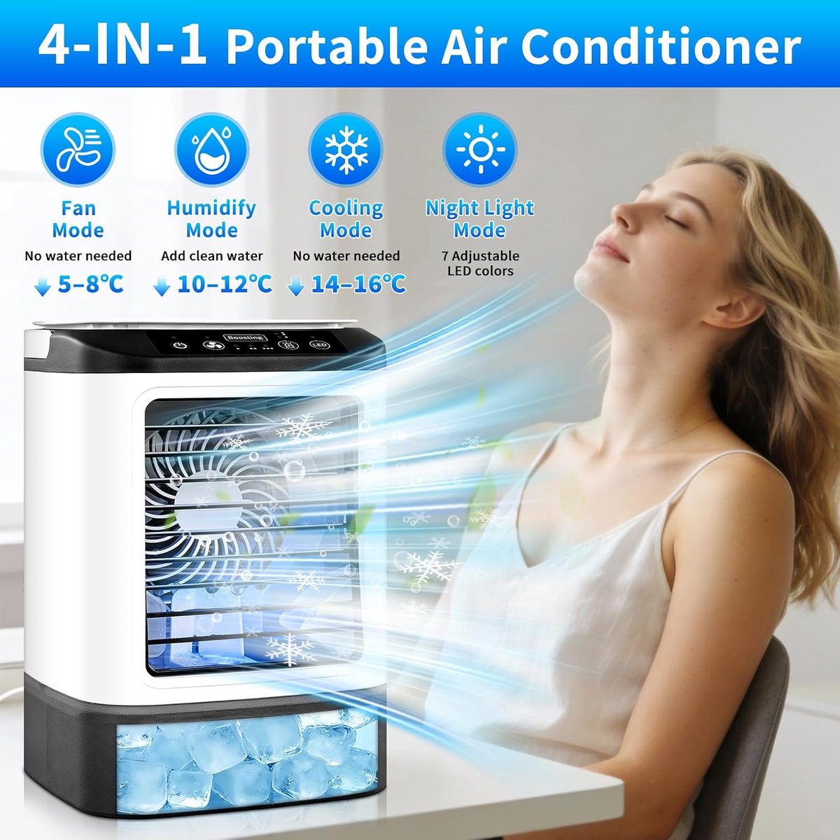KZQ Draagbare Airco - 4 Snelheden - Verdampingskoeler Met Spray En Ijsblokjesvorm - 900ml Watertank - 7 Led Verlichting - Stille Ventilator Zonder Raam - Voor Thuis Kantoor En Reizen - 1 Stuk – foto 3