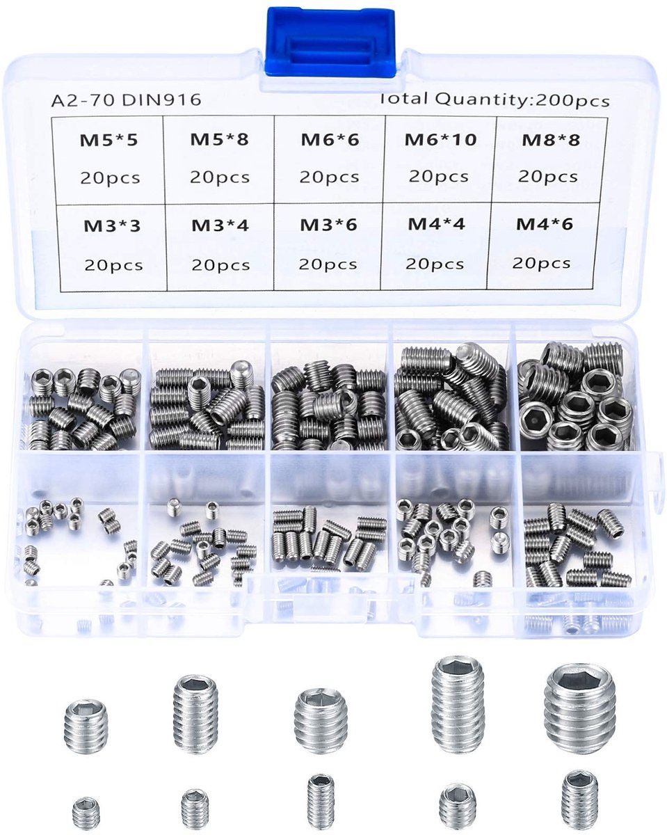Dailygoods- Draadbouten Set 200 Stuks - Roestvrij Staal - M3/M4/M5/M6/M8 - Zeskantkop - Inbussleutel Set - Hex Grub Kop - Schroeven