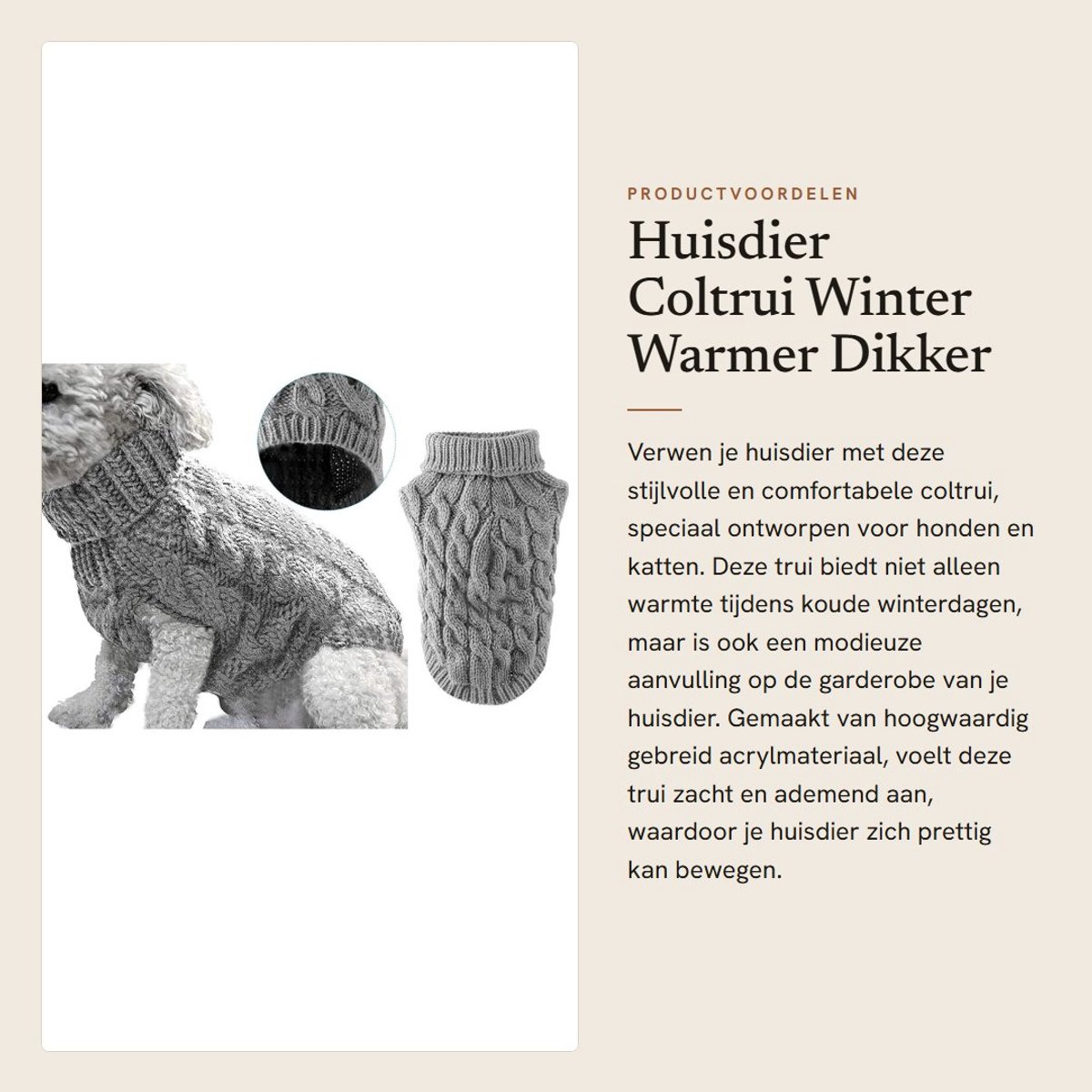Dailygoods- Hondentrui Warm - Rolkraag - Dikker Gebreid - Zacht/Ademend - Geschikt voor Kleine/Middelgrote Honden - Comfortabel Ontwerp - Huisdiertrui