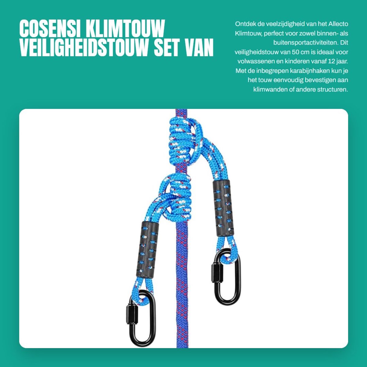 Dailygoods- Klimtouw 50 cm - Set van 2 - Veiligheidstouw met karabijnhaak - Voor binnen/buiten - Geschikt voor kinderen vanaf 12 jaar - 10 mm diameter - Hoogwaardig polyester