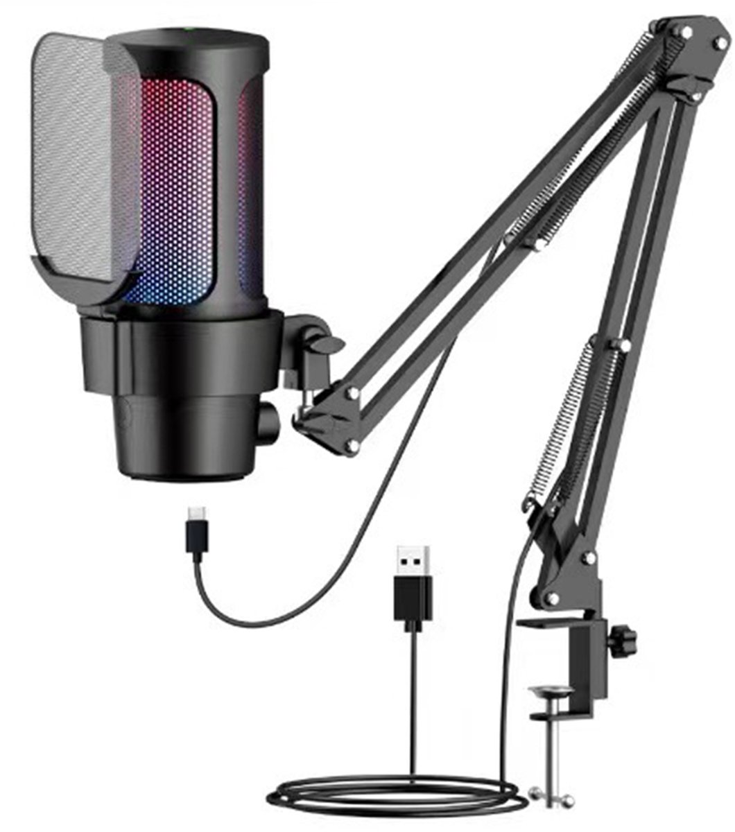 Microfoon met arm - Gaming - microfoon - Noise cancellation condensatormicrofoon met Mute, Gain en Monitoring - RGB verlichting - Geschikt voor streaming, podcast, Twitch, YouTube, Discord, PC, computer, PS4, PS5, Mac - Zwart