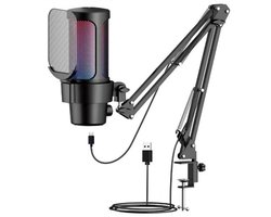 Microfoon voor PC, gamen en livestreaming‑ Microfoon met Arm‑ RGB Verlichting‑ Noise‑cancelling condensatormicrofoon met Mute, Gain en Monitoring