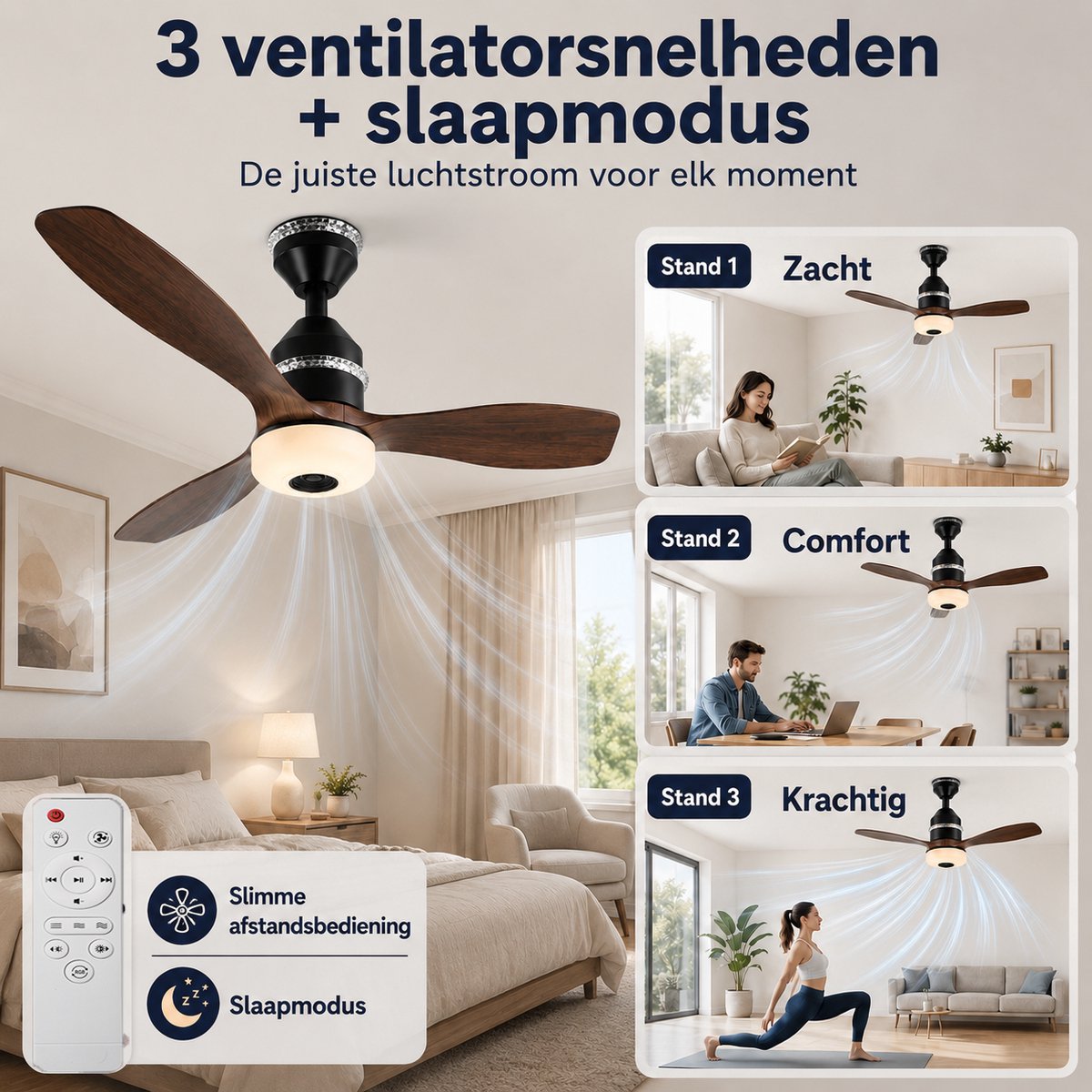 MUPOO Houtlook plafondventilator met verlichting RGB Ø61cm-RGB LED plafonventilator afstandsbediening met Bluetooth Speaker-plafonniere met ventilator met 3 Snelheden & Slaapmodus thumbnail 6