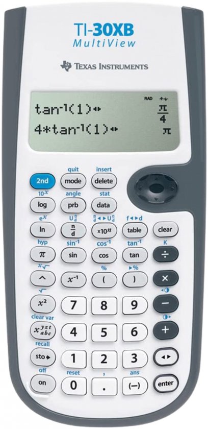 Grijze Texas Instruments TI-30XB MultiView wetenschappelijke rekenmachine met display en knoppen.