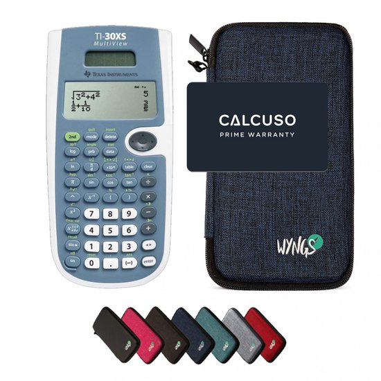 Texas Instruments TI-30XS MultiView rekenmachine, blauw, met een WYNGS hoes, garantiekaart en zes hoesjes in verschillende kleuren.