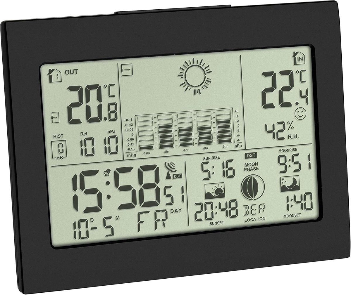 Draadloos Weerstation - Weersvoorspeller Binnen Buiten - Weer Monitoren - Radiogestuurde Klok - 158 x 123 mm - Zwart