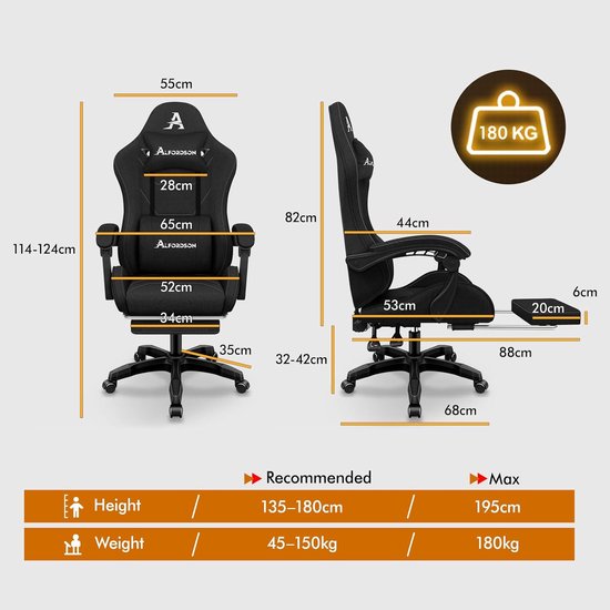 Gamingstoel met massage - Ergonomische racer - Comfortabel werken - Intrekbare voetensteun - 88 x 55 x 128 cm - Zwart — afbeelding 2