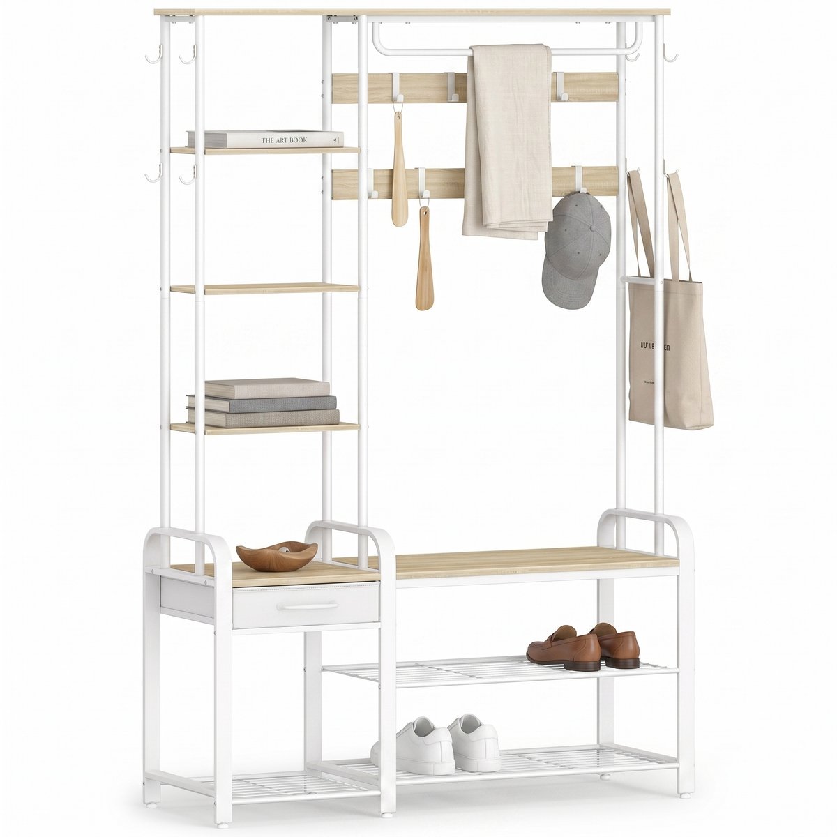 Aiverig® Kapstok met Schoenenrek & Zitbank – Halmeubel & Garderoberek met Lade & Zijplanken – Staande Kapstok met Kledingroede & 9 Haken – Halmeubel met Kapstok – Goud Eiken & Wit – 120×40×182 CM