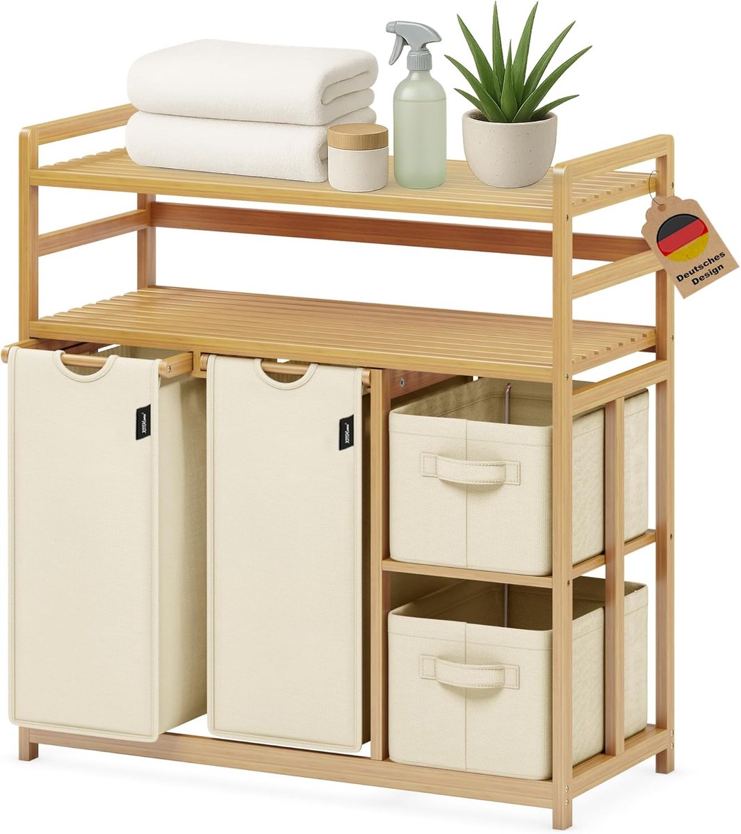 Wasmand Met Plank Kleding Opberger Huis Opruimen Vierdelig Sorteer Systeem 138 Liter Beige