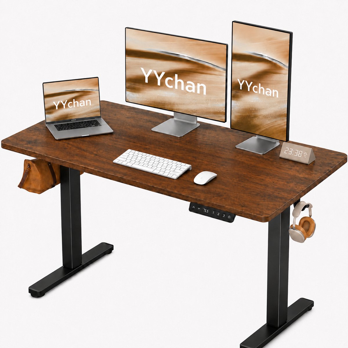 YYchan Zit Sta Bureau Elektrisch 120x60 - Gaming Bureau - Elektrisch verstelbaar - Naadloos tafelblad - Geheugenbediening, Stabiel T-Frame, met Kabeldoorvoer & Koptelefoonhaak - Hoogteverstelbaar 72–118 cm - Walnoot Zwart