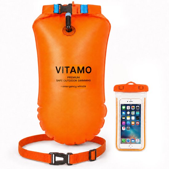 Oranje Vitamo zwemboei met verstelbare heupriem en waterdichte telefoonhoes.