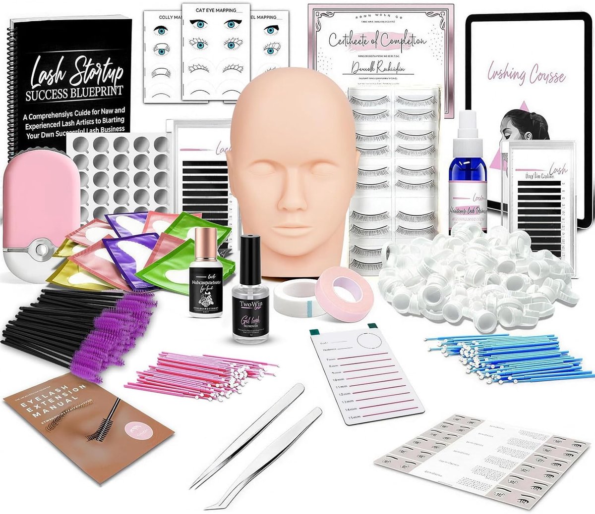Wimperverlengingskit - Oefenmake-up set - Wimpers trainen - Realistisch oefenhoofd - Alles-in-één - Roze