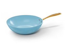 Cook & Pan Ocean Blue Wokpan Ø 30 cm PFAS vrij - Blauw met Gouden Handgrepen - Alle Warmtebronnen - Cool Touch Handgreep - Krasbestendige Anti Aanbaklaag - Vaatwasserbestendig - Gas, Inductie, Elektrisch, Oven - 7 jaar garantie