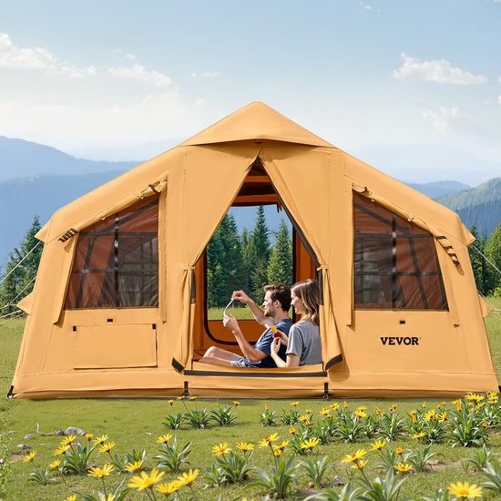 Opblaasbare Kampeertent 8-12 Personen - Luxe Glampingtent 4,8 x 3,6 x 2,2 m - Inclusief Handpomp - Luifel - Kachelaansluiting - Waterdicht - Familietent voor Camping en Outdoor — afbeelding 4