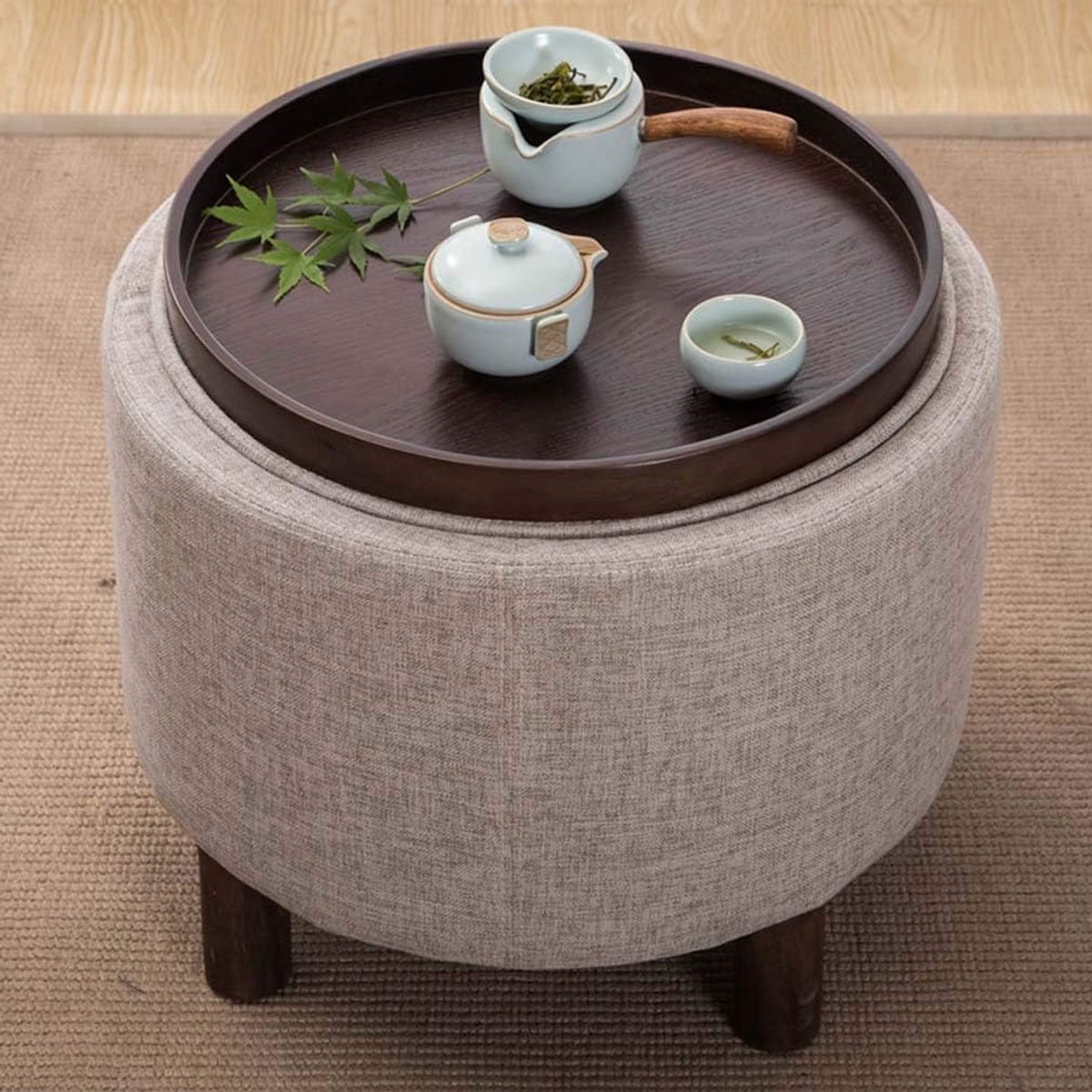 Opbergpoef - Voetenbank - Decoratief Zitten - Verborgen Opbergruimte - 49x42 cm - Linnen Beige