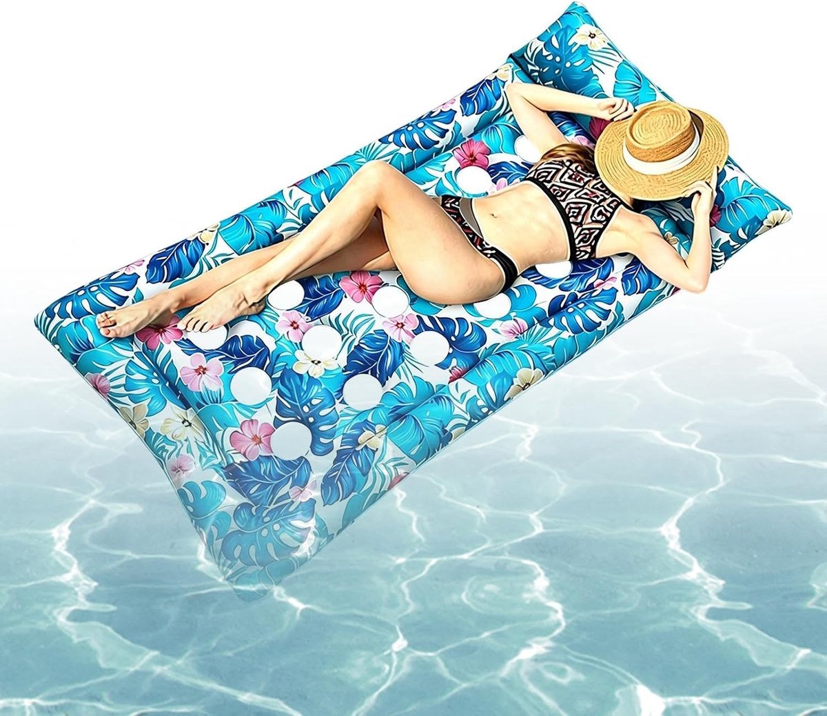 Zwembad Float Lounger - Drijvend Bed - Ontspannen op Water - Tropische Blad Print - 168x90cm - Groen