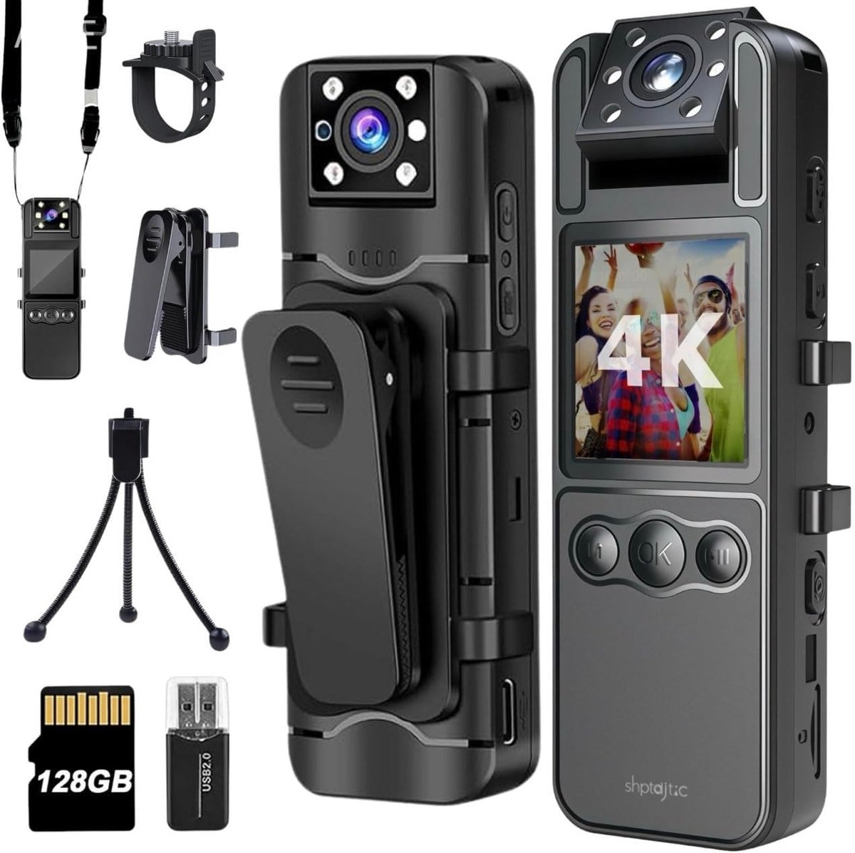 Bodycam - Sportcamera - Beelden Vastleggen - 180° Draaibare Lens - 128 GB Opslag - Zwart