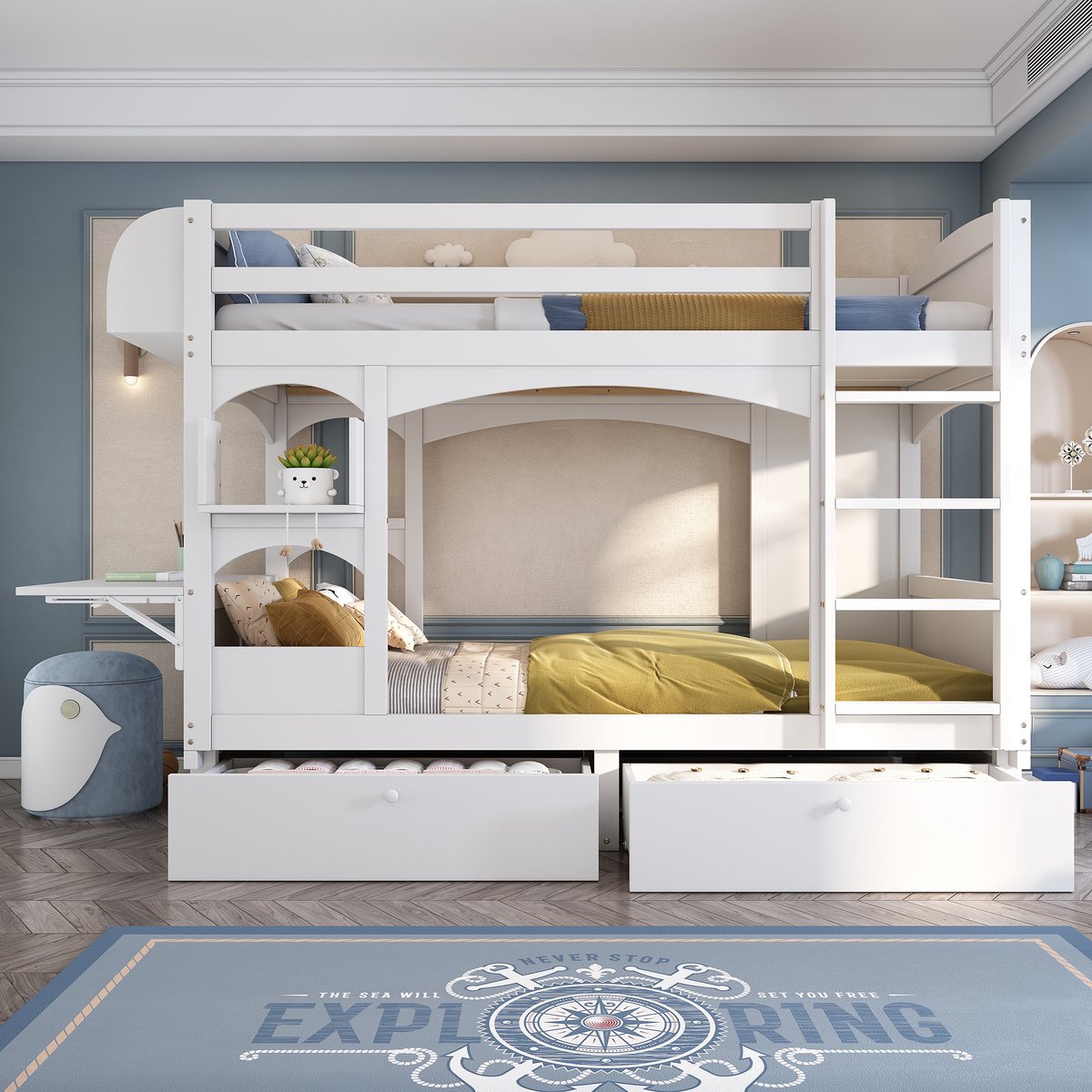 MEUNIQ Kinder stapelbed 90x200 met inklapbaar bureau, opbergrek, 2 lades en ladder, lattenbodem, zonder matras, wit, voor de kinderkamer