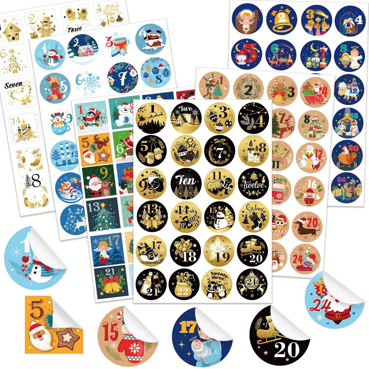Dailygoods- Adventskalenderstickers 288 Stuks - Ronde Zelfklevende Stickers - Cijferstickers 1-24 - Kerststickers - Doe-het-zelf - Perfect voor Knutselen