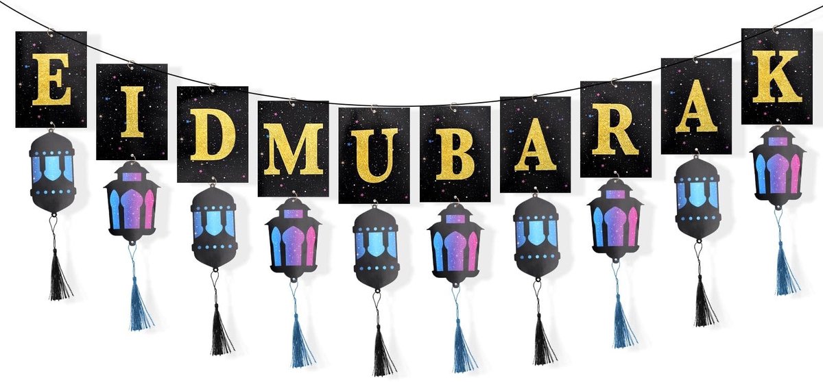 Dailygoods- Eid Mubarak Banner - Feestdecoratie - Achtergrond met Lantaarns/Kwastjes - Set van 10 Letters - Metalen Ringen - Katoenen Lint - Papieren Decoraties