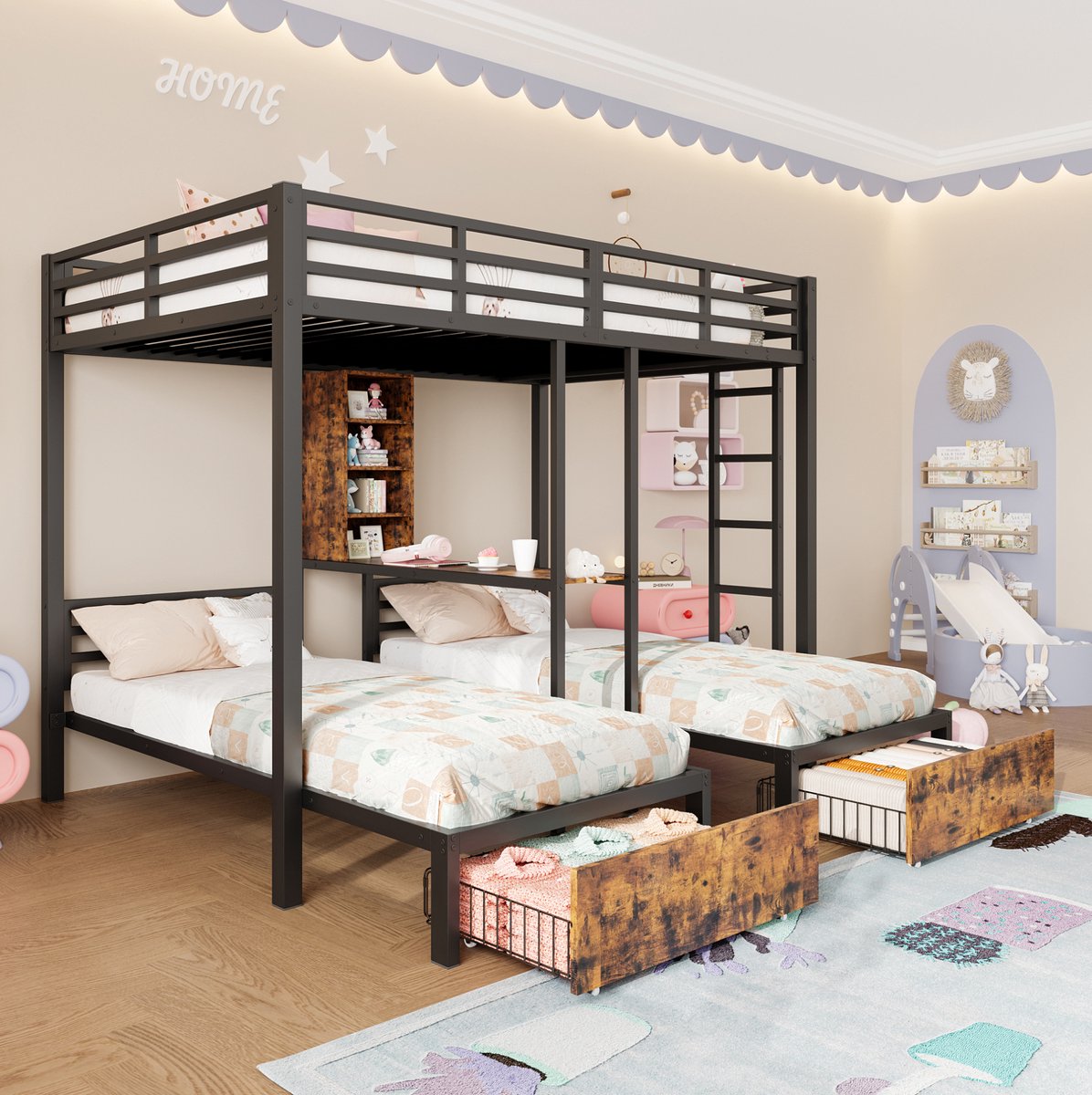 MEUNIQ stapelbed 140 x 200 cm + 90 x 200 cm, 3 bedden, met zijhekken, ladder, opbergvakken en 2 lades, zonder matras, zwart, voor kinderkamer