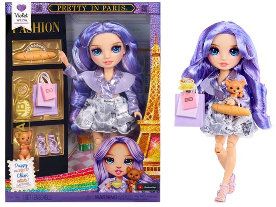 Paarse pop Violet Willow in doos en los, met chihuahua, koffie, baguette en tas.