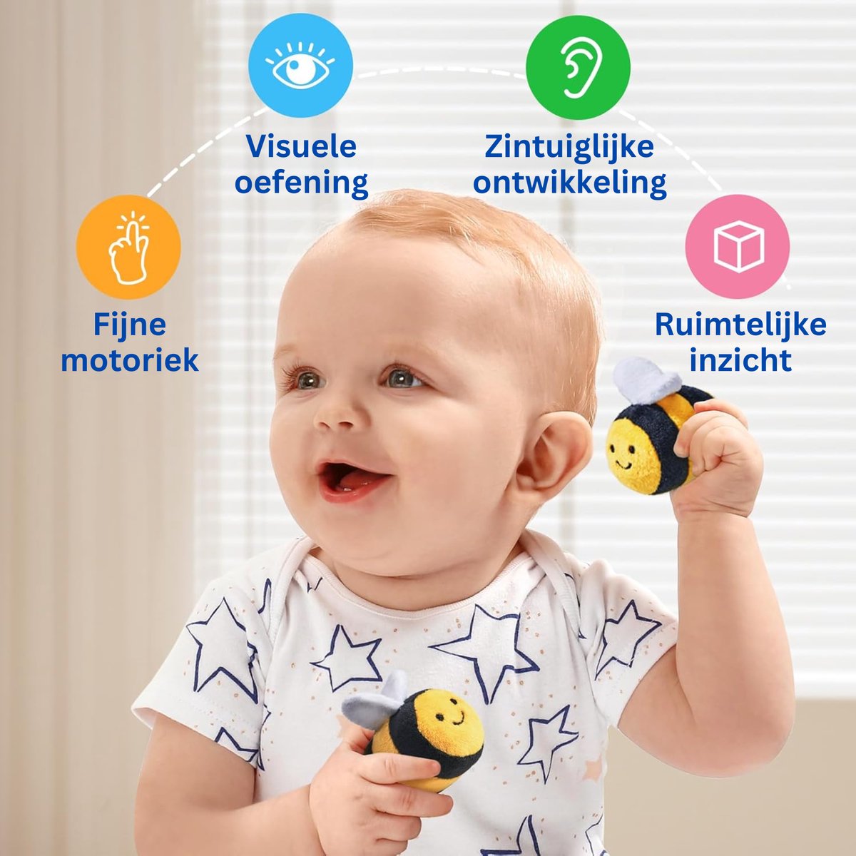 Baby Speelgoed 6-12 maanden - Sensorisch Pluche Speelgoed met Bijenkorf en 5 Bijen - Montessori Speelgoed met Dieren - Baby Cadeau met Knuffels - Educatief speelgoed - Knisperboekje Baby - Kinderspeelgoed 1-3 jaar — afbeelding 5