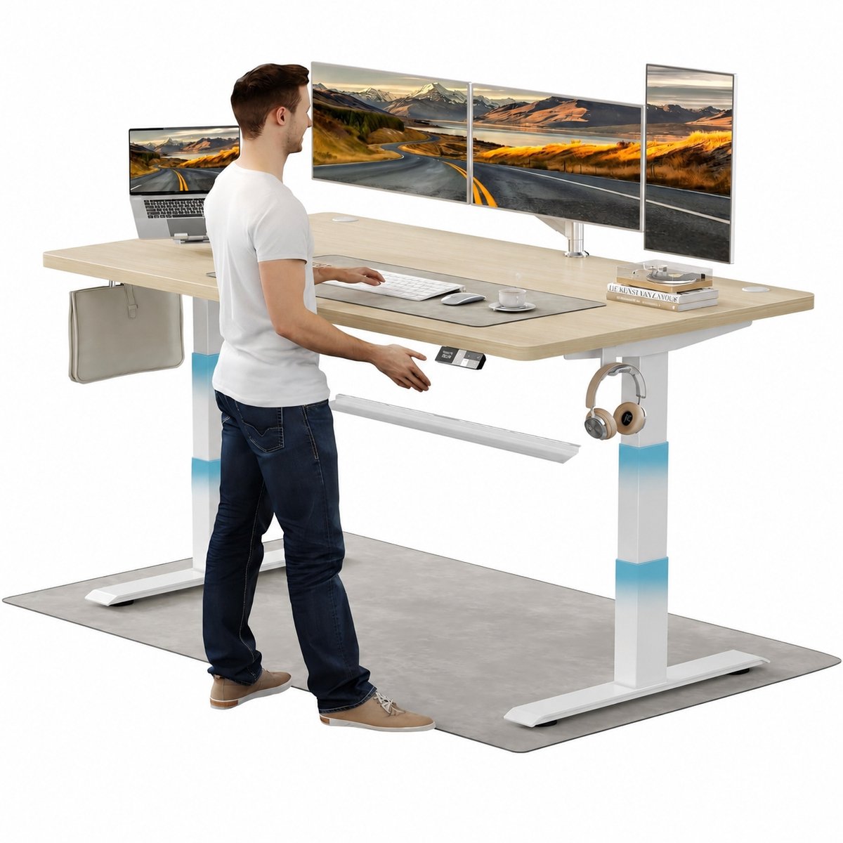 Devoko Elektrisch Zit-Sta Bureau 180x80 cm - Elektrisch Verstelbaar Bureau - In Hoogte Verstelbaar 63-128 cm - 25 mm FSC Tafelblad - Dubbele Motor - 125 kg - Wit/Beige