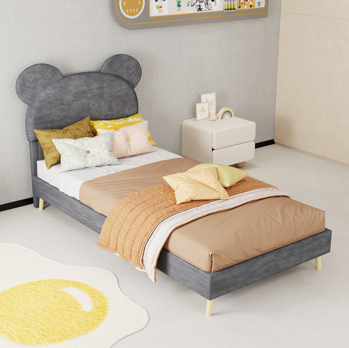 MEUNIQ normaal bed 90x200 cm met gestoffeerd cartoon hoofdbord en lattenbodem, grijs kinderbed voor slaapkamer, bedframe van stof en metaal, matras niet inbegrepen