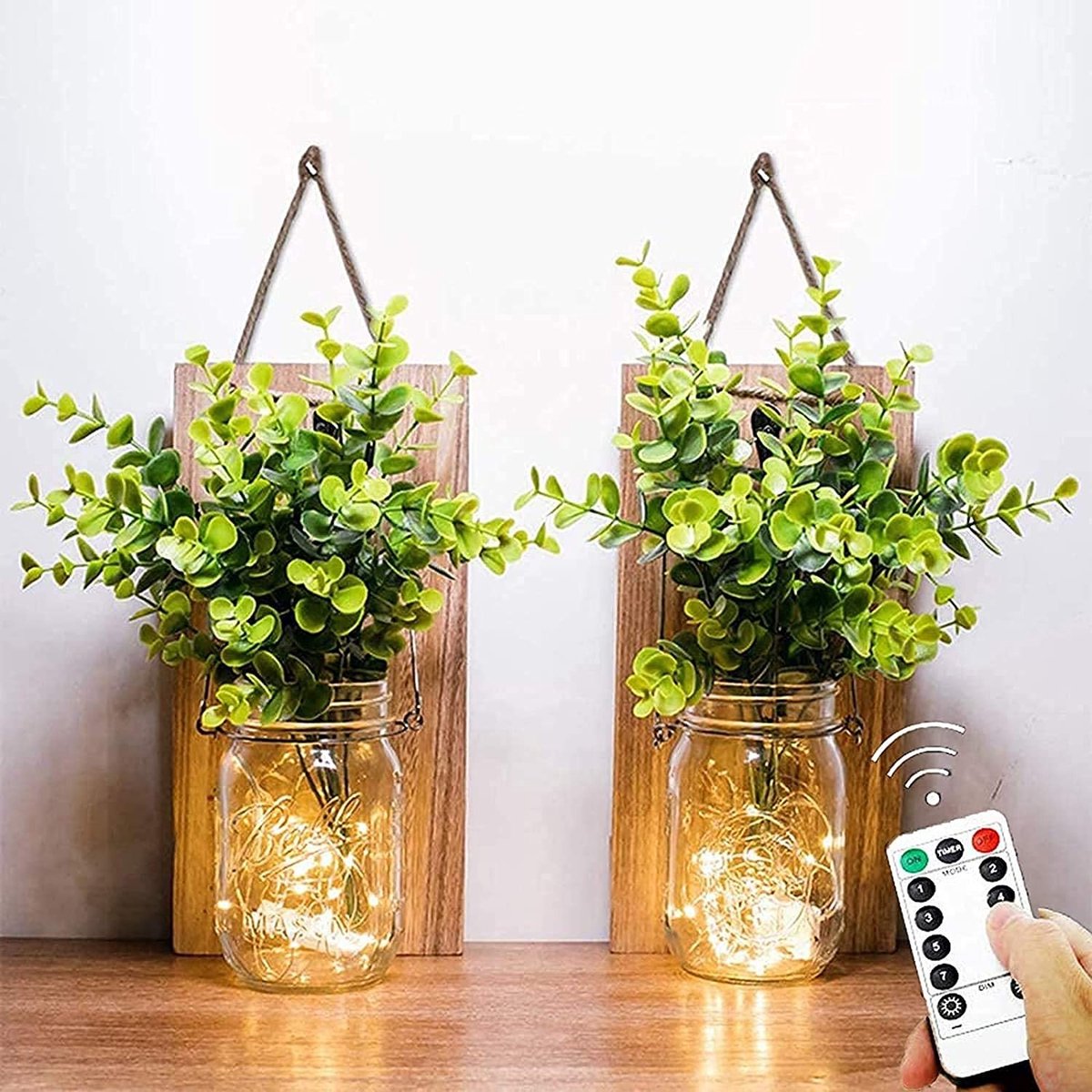 Dailygoods- Mason Jar Licht - Wandlamp Binnen - Wanddecoratie - Lichtketting - Kunstplant - Warm Wit Licht - Houten Plank