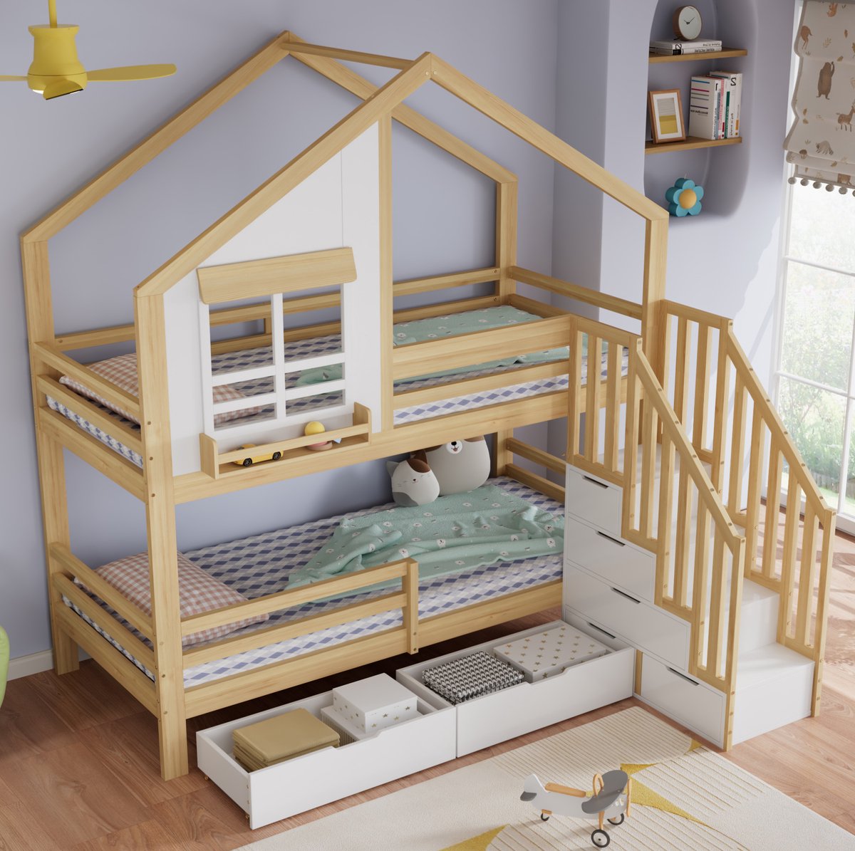 MEUNIQ stapelbed 90x200 cm kinderbed met trap en handleuningen, 2 rol lades en opbergruimte, huisbed met ramen voor kinderkamer, naturel en wit