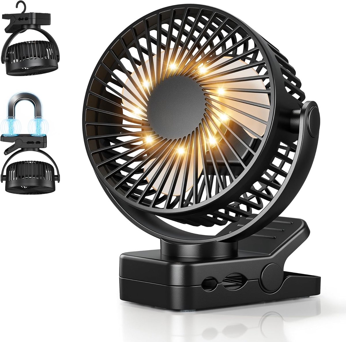 YAGXIG USB-bureauventilator - 12000 mAh - 4-in-1 draagbare ventilator - Met afstandsbediening, 3 windsnelheden - LED-verlichting - Timer - 360° draaibaar - Clipventilator - Geschikt voor kamperen, keuken, kantoor, kinderwagens, enz. - Zwart