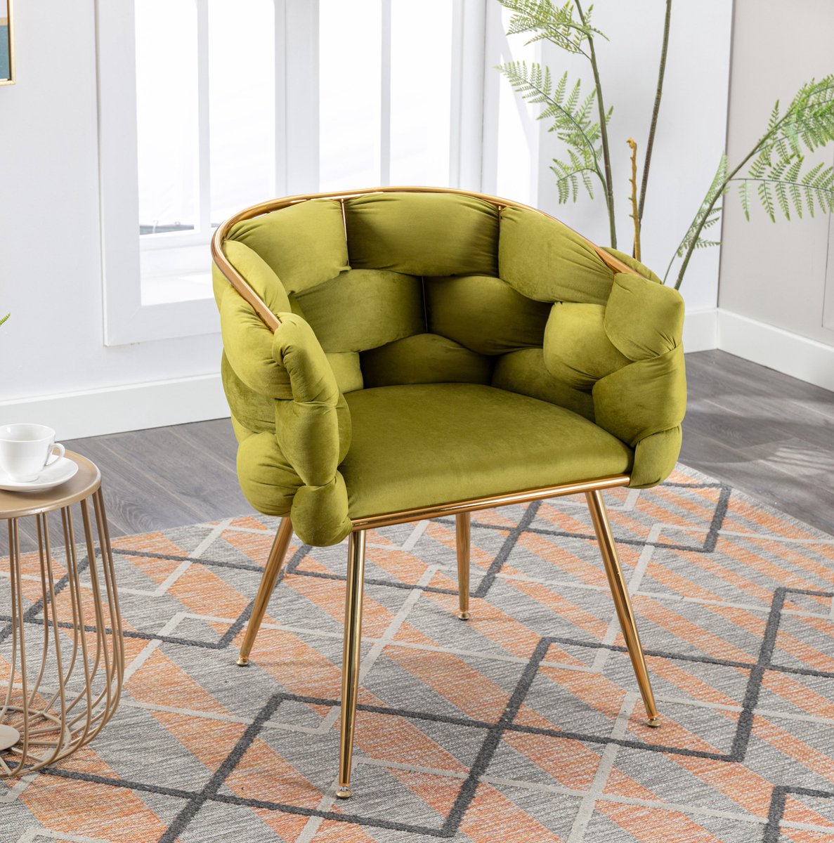 HAUSS SPOLE Fauteuil - Moderne Accentstoel Met Armleuningen - Fluweel Met Gouden Metalen Poten - Voor Woonkamer En Slaapkamer - Olijfgroen