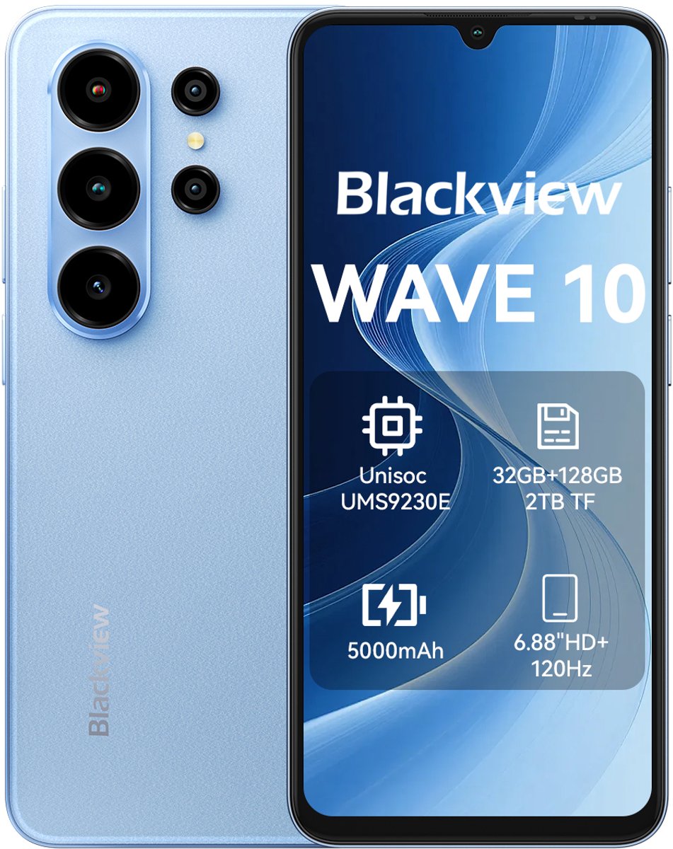 Blackview WAVE 10 Smartphone 4G AI - DUAL SIM - 32 GB RAM - 128 GB ROM - Octa Core - Android 16 - 6,88 inch - 5000mAh - Blauw