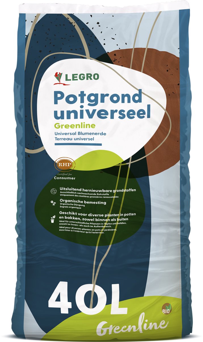 Legro potgrond Turfvrij universeel greenline 40 liter - kwaliteitspotgrond op basis van uitsluitend hernieuwbare grondstoffen en volledig turfvrij. Geschikt voor buiten en binnen, diverse tuinplanten en kamerplanten in potten, bakken,tuin en moestuin