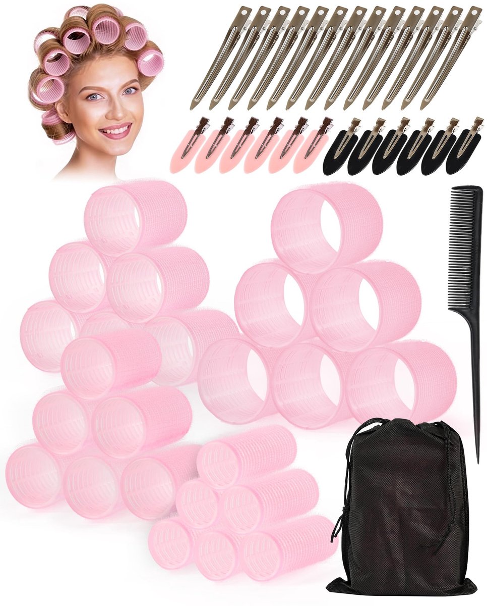 Dailygoods- Haarrollers Groot 50-delige Set - Zelfklevende Haarrollers - Krulspelden voor Volume - Heatless Curls - Inclusief Puntkam & Opbergzak