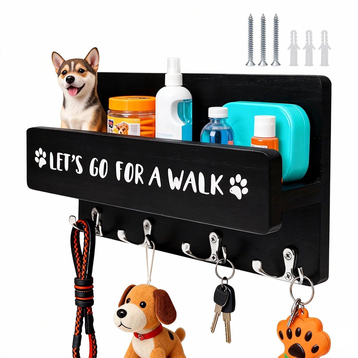 Dailygoods- Hondenriemhouder met opbergruimte - Sleutelbord - Wandhaken - Houten - Zwart - 30 × 17 cm - Sleutelhouder