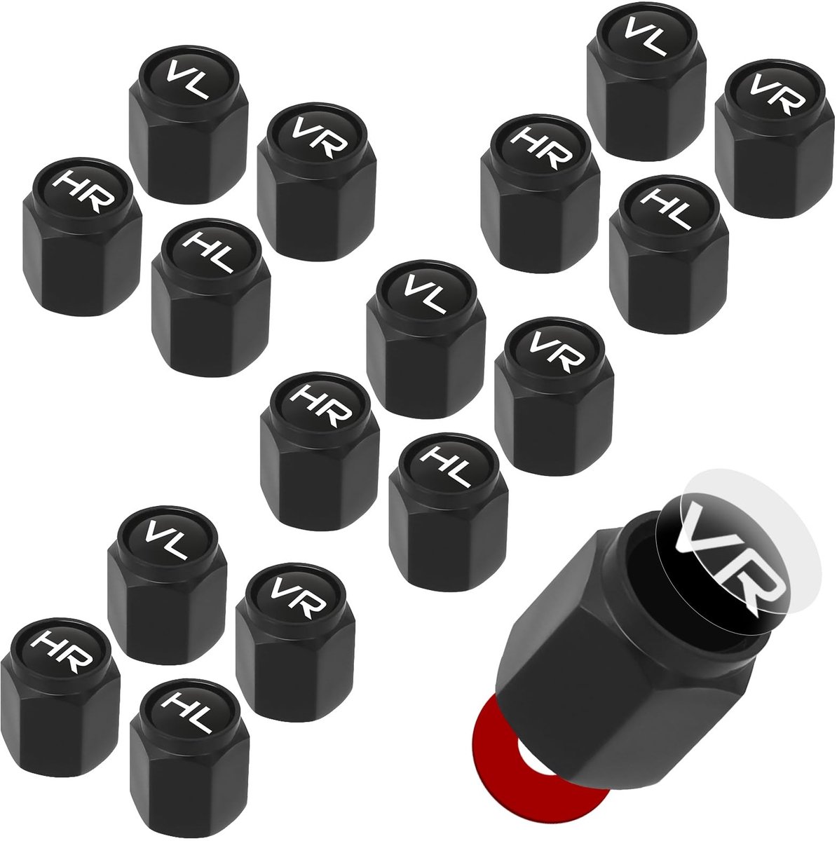 Dailygoods - 16 stuks ventieldoppen auto met opschriften: aluminium ventieldoppenset, zwarte autoventieldop, bandenmarkering ventieldop voor SUV, personenauto's en motorfietsen, fietsen, autobanden