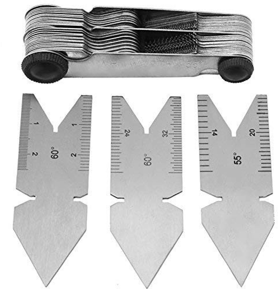 Dailygoods- Calibro Set van 3 - Meetinstrumenten voor Schroefdraad - Roestvrij Staal - 60°/55° Mal - Duurzaam - Compact en Lichtgewicht - Meetinstrument