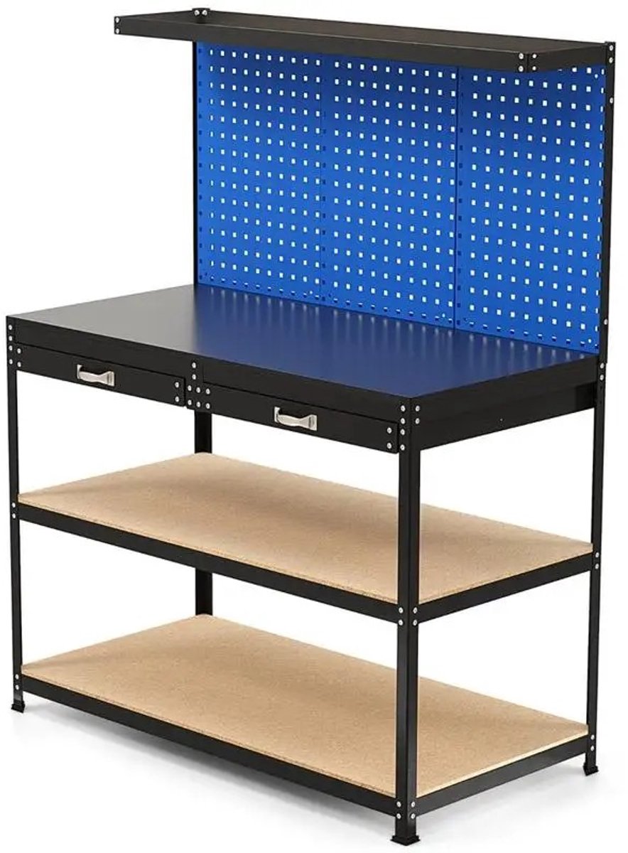Dailygoods Werkbank 121 x 61 cm, 230 kg draagvermogen, werktafel met geperforeerde wand, gereedschapsbank, blauw