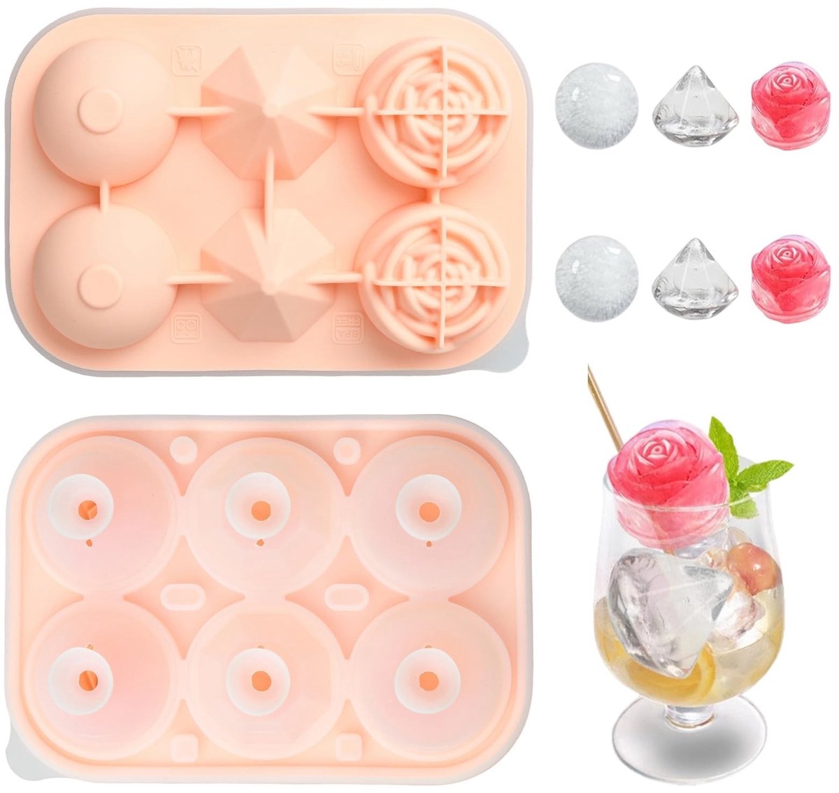Dailygoods - Airssory Siliconen ijsblokjesvorm, roze diamant bolvormig, roze, 19,1 x 13,2 x 6,2 cm, flexibel anti-stick, herbruikbaar voor bakken en snoep maken, 1 stuk