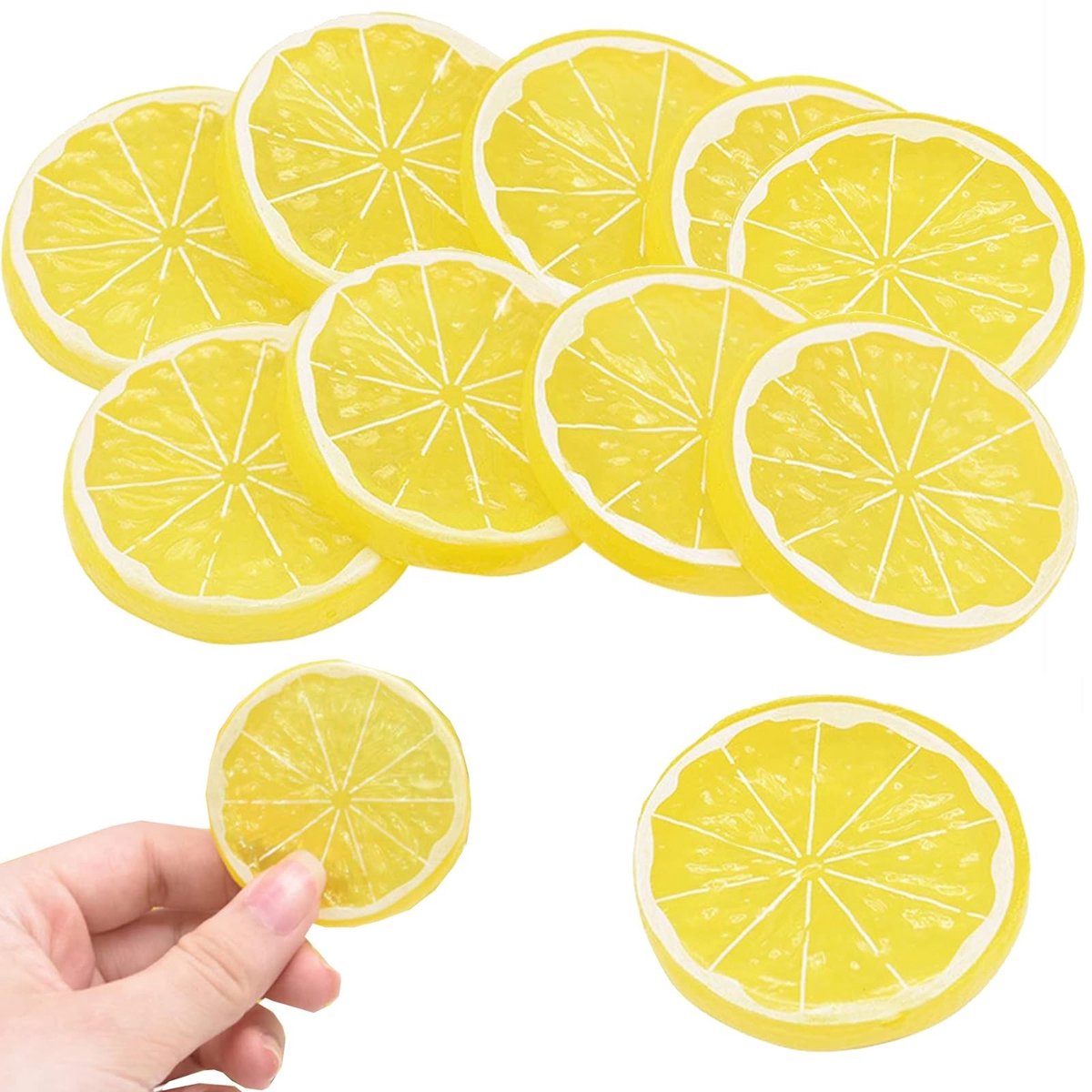 Dailygoods- Nepcitroenschijven 10 stuks - Kunststof Decoratie - Kunstfruit - Nep Fruit - Citroendecoratie - Afmetingen 5,2 x 0,9 cm