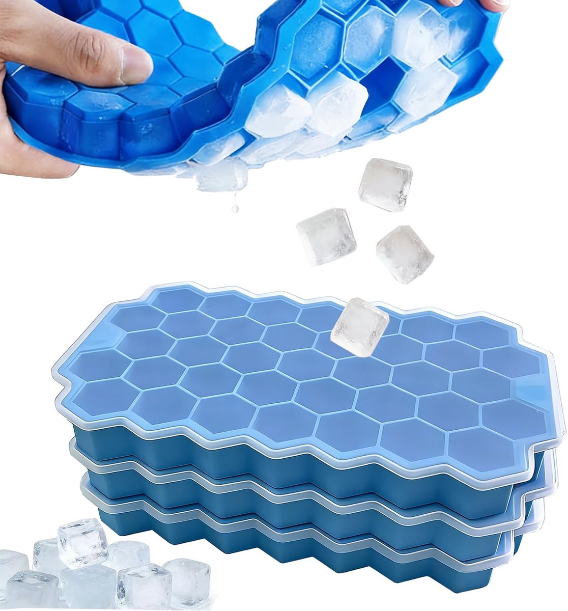 Dailygoods- IJsblokjesvorm met Deksel - Mini Siliconen Vormen - 3 Stuks - 111 IJsblokjes - BPA-vrij - 20,5 x 12,2 x 2,2 cm - Ijsblokjesbakje