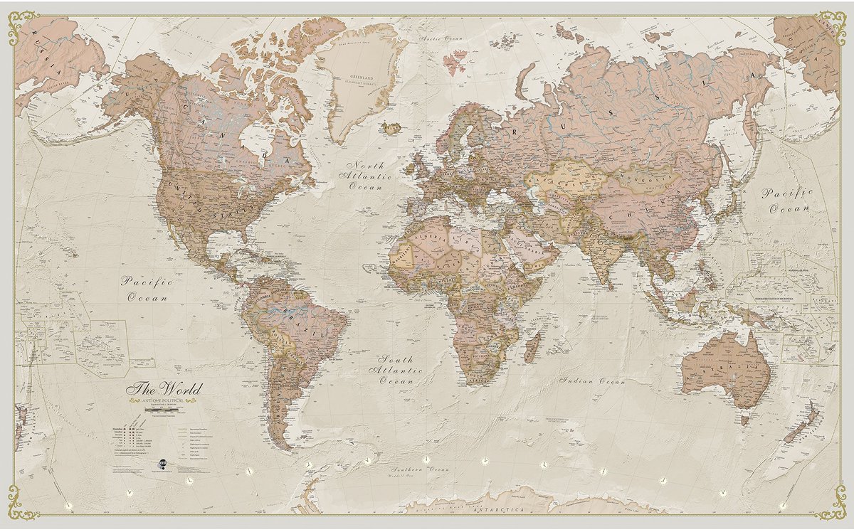 Dailygoods- Wereldkaart Antiek - Gelamineerd - 197 x 117 cm - Politieke Details - Vintage Stijl - Hoogwaardig Cartografisch Detail - Wandkaart